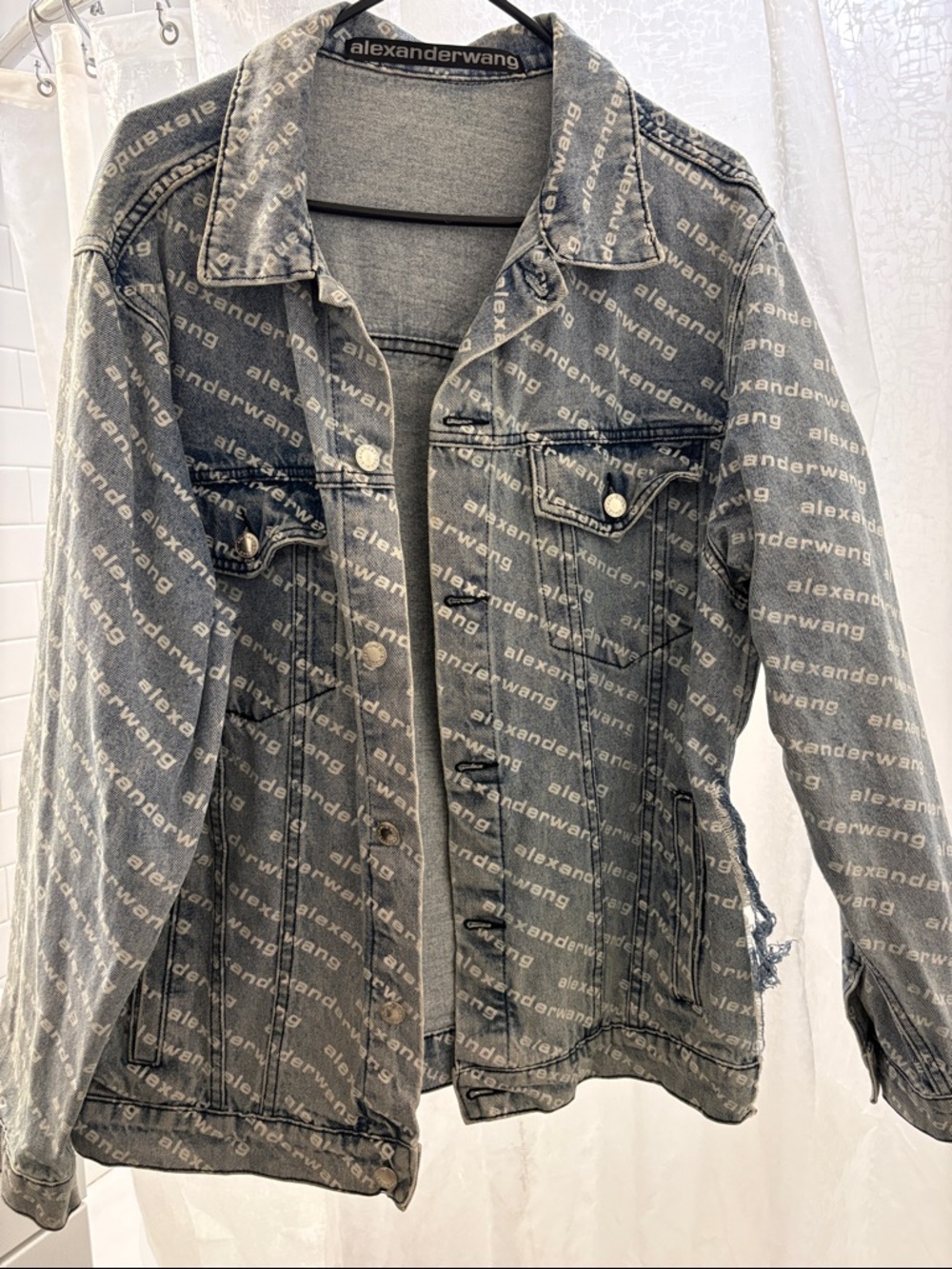 Oversized Distressed Logo Allover Denim Jacket